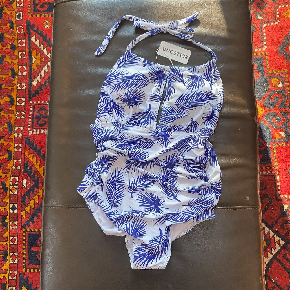 NWT Duostick keyhole halter one-piece white swimsuit with blue feathers, size l